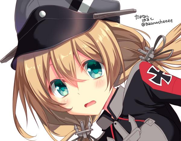 1girl, anchor_hair_ornament, black_ribbon, blonde_hair, blue_eyes, blush, bust, face