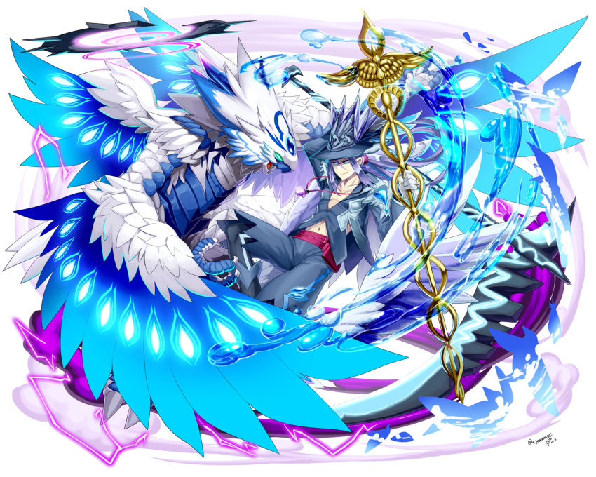 1boy, beyzul, blue_eyes, blue_hair, dragon, feathered_wings, hat, hermes_(p&amp;d), jewelry, long_hair, male, midriff, navel, necklace, ponytail, puzzle_&amp;_dragons, smile, staff, water, wings, yamanashi_taiki