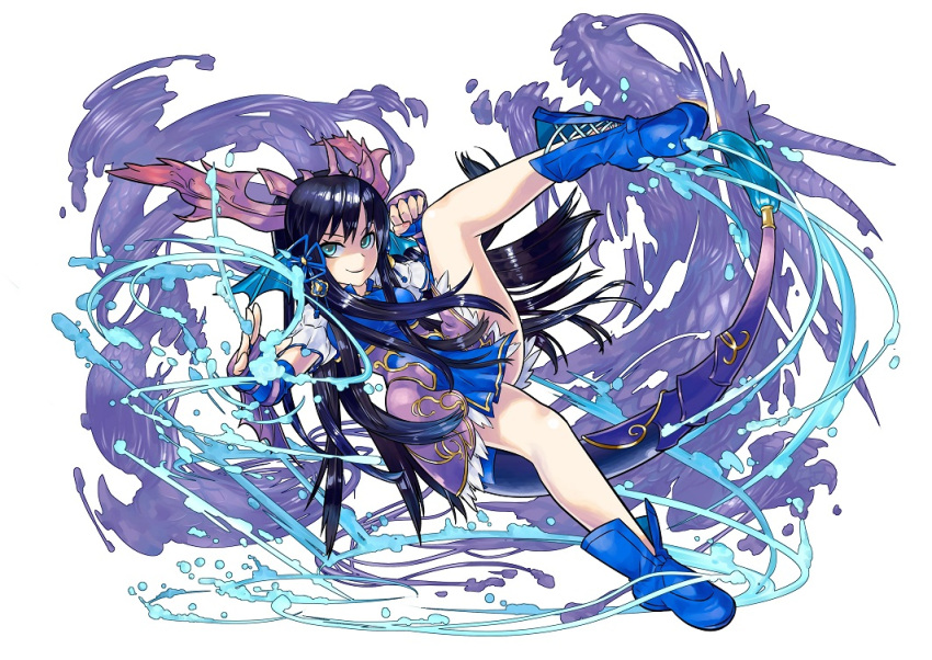 1girl, black_hair, blue_eyes, boots, brass_knuckles, chinese_clothes, dragon, dragon_tail