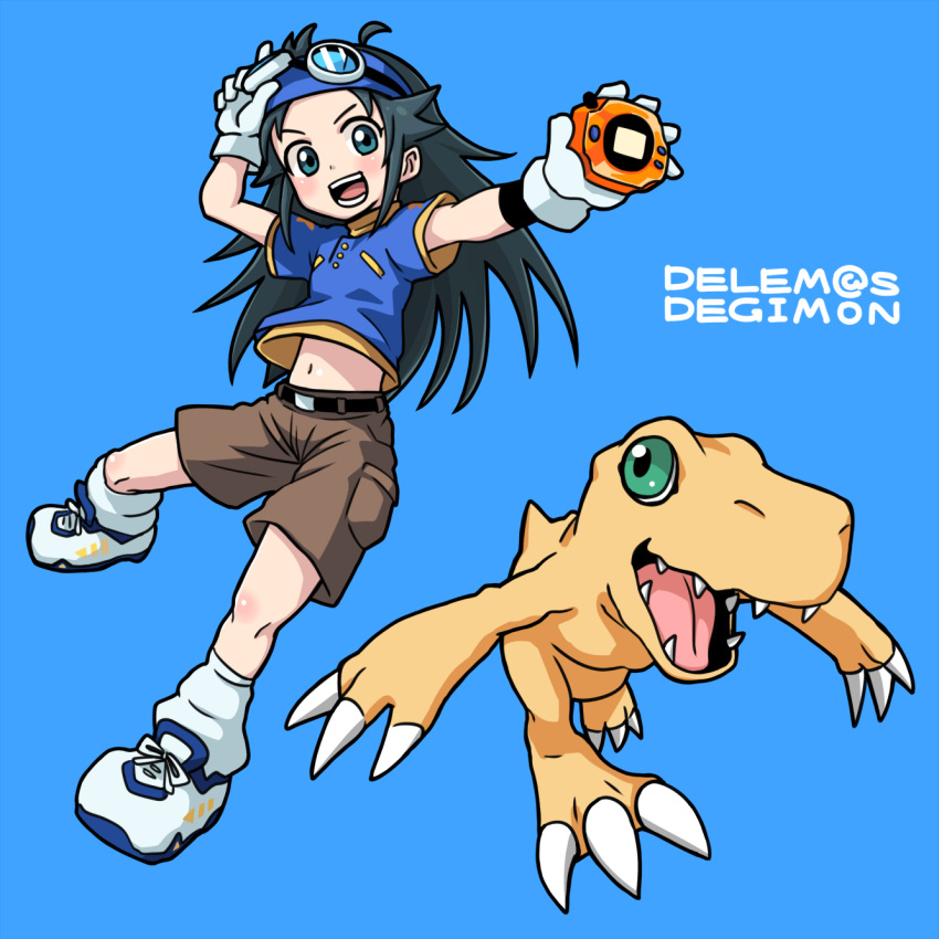1girl, :d, agumon, black_hair, blue_eyes, digimon, digivice, gloves, goggles, goggles_on_head, highres, idolmaster, idolmaster_cinderella_girls, long_hair, midriff, nanjou_hikaru, nash_(na-si), navel, open_mouth, shorts, smile, yagami_taichi, yagami_taichi_(cosplay)