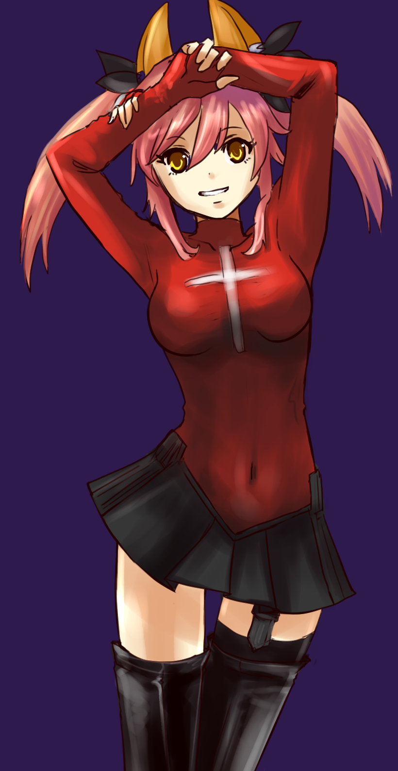 1girl, animal_ears, black_legwear, breasts, caster_(fate/extra), cosplay, covered_navel, fate/extra
