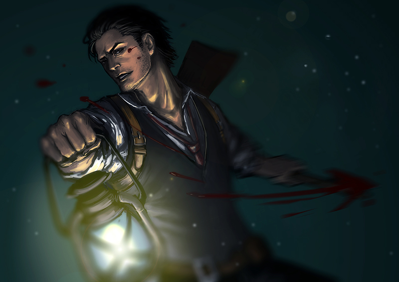 1boy, axe, belt, blood, bloody_weapon, blurry, depth_of_field, en_(en-chune)