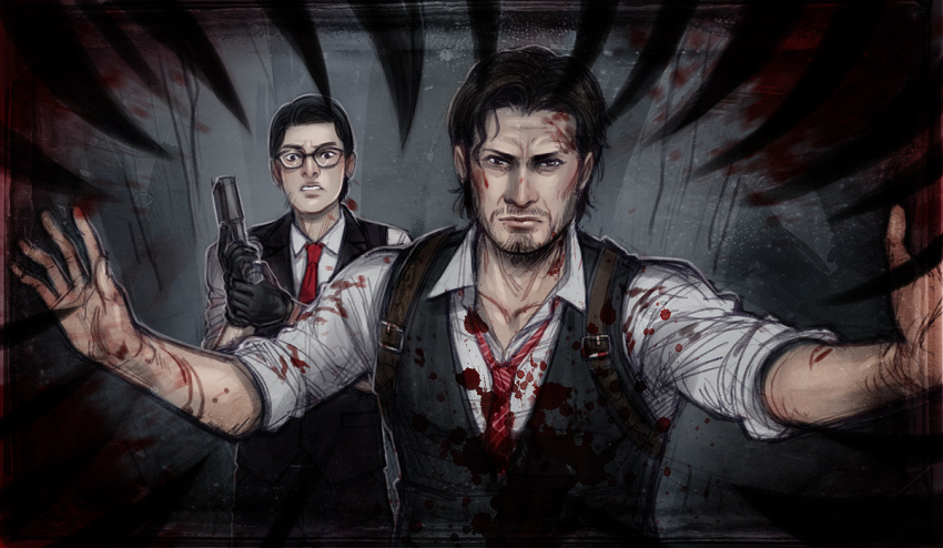 2boys, black_hair, blood, bloody_clothes, deltastic, glasses, gun, joseph_oda
