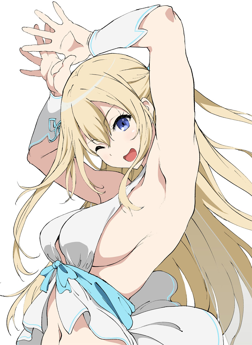 1girl, ;d, amagi_brilliant_park, armpits, arms_up, blonde_hair, blue_eyes, breasts