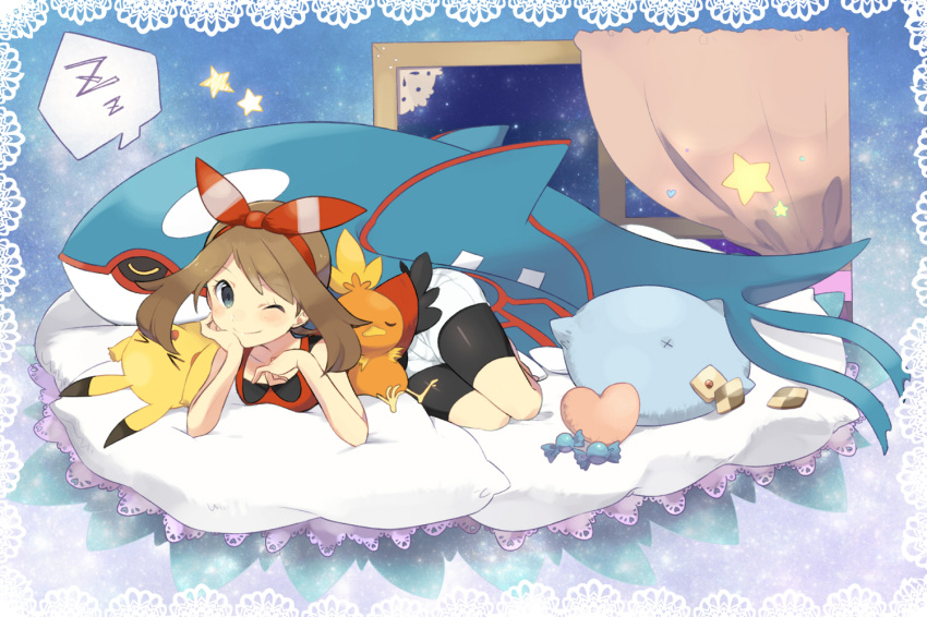 >_<, 1girl, bike_shorts, brown_hair, closed_eyes, haruka_(pokemon), heart, kyogre