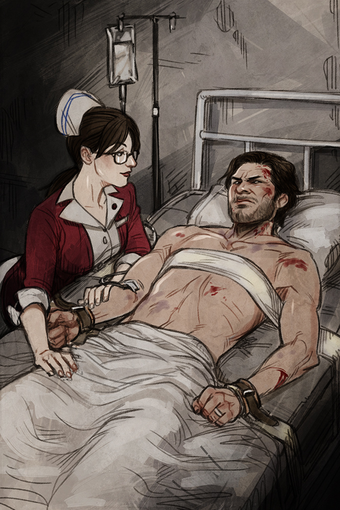 1boy, 1girl, bandages, bed, brown_hair, deltastic, glasses, injury