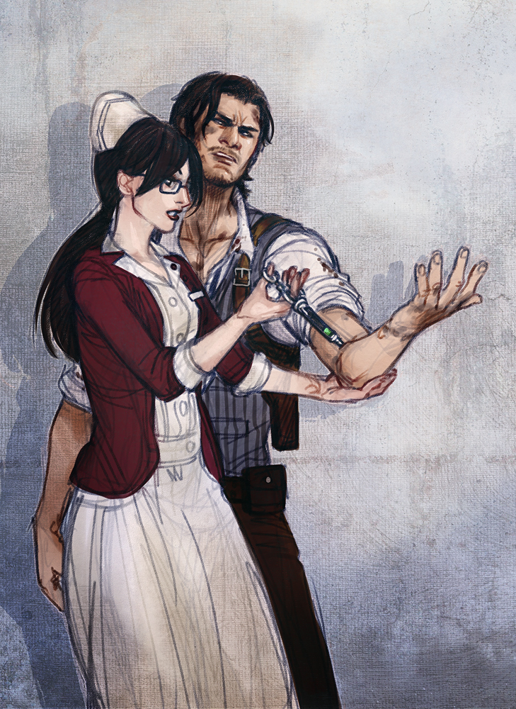 1boy, 1girl, brown_hair, deltastic, glasses, nurse, sebastian_castellanos, syringe