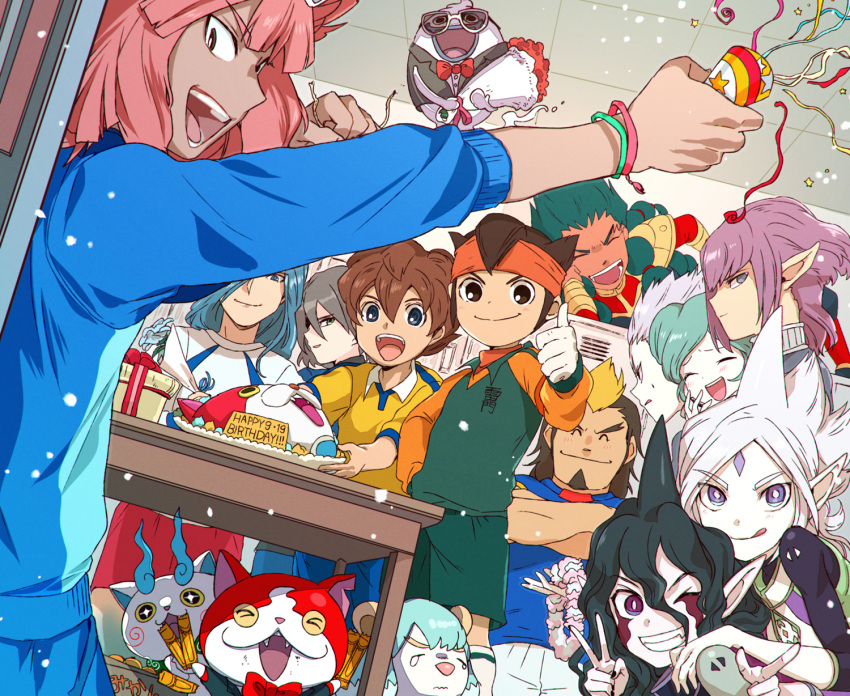 1girl, 6+boys, alpha_(inazuma_eleven), aqua_hair, armband, beta_(inazuma_eleven), blue_hair, brothers, brown_eyes, brown_hair, character_request, closed_eyes, crossover, danball_senki, dutch_angle, edgar_valtinas, endou_mamoru, gamma_(inazuma_eleven), gandaresu_baran, gloves, goalkeeper, green_eyes, green_hair, grin, headband, highres, hijikata_raiden, inazuma_eleven, inazuma_eleven_(series), inazuma_eleven_go, inazuma_eleven_go_chrono_stone, inazuma_eleven_go_galaxy, inazuma_japan, izumo_haruki, knights_of_queen, level-5, long_hair, looking_at_viewer, matsukaze_tenma, multiple_boys, one_eye_closed, open_mouth, pink_hair, pointy_ears, raimon, raimon_soccer_uniform, ryugeru_baran, short_hair, siblings, smile, soccer_uniform, sportswear, thumbs_up, tongue, tsunami_jousuke, v, yan'yo_(yan'yan'yo), youkai_watch, zanak_abalonic