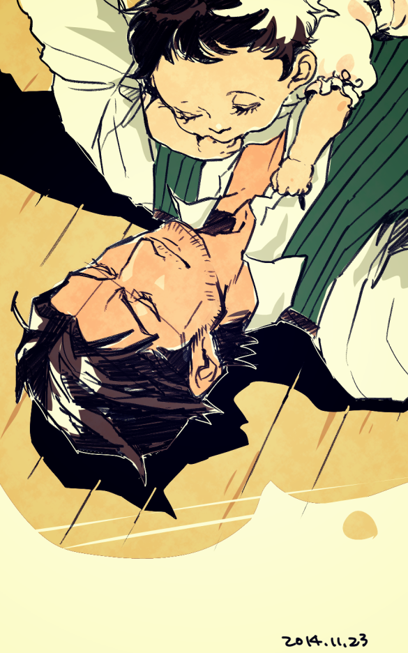 1boy, 1girl, baby, dated, father_and_daughter, lily_castellanos, neko_meshi_ya, sebastian_castellanos, the_evil_within, vest, waistcoat