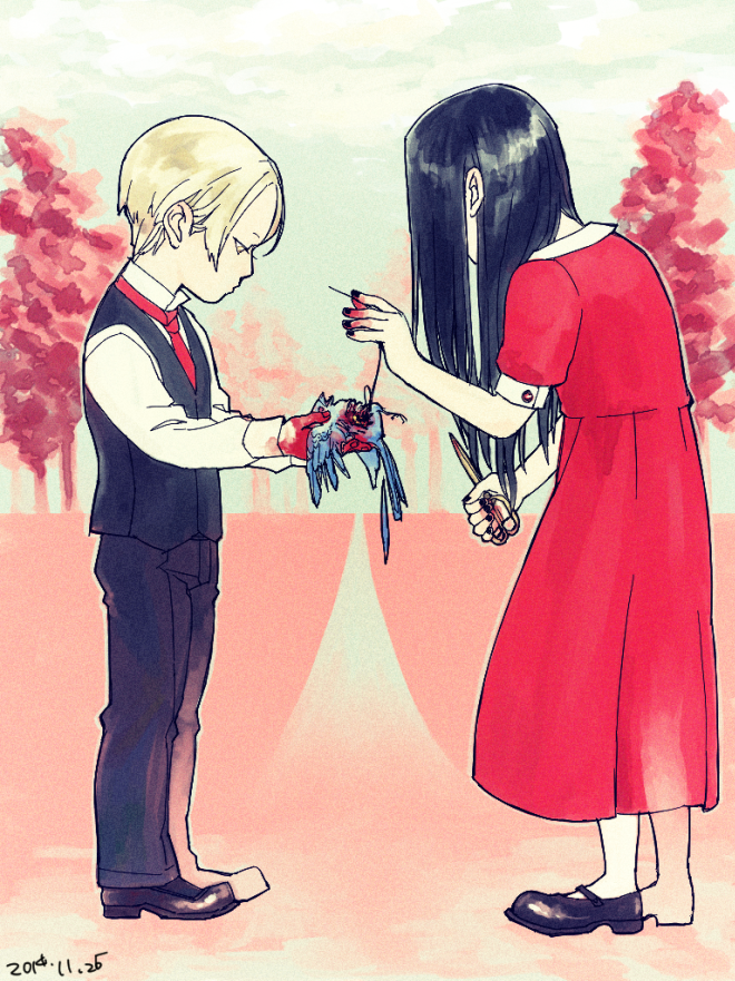 1boy, 1girl, bird, black_hair, blonde_hair, brother_and_sister, child, dress