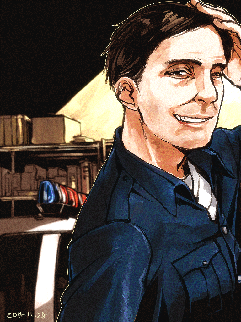 1boy, brown_hair, dated, hand_to_head, neko_meshi_ya, one_eye_closed, oscar_connelly, police_car, solo, the_evil_within