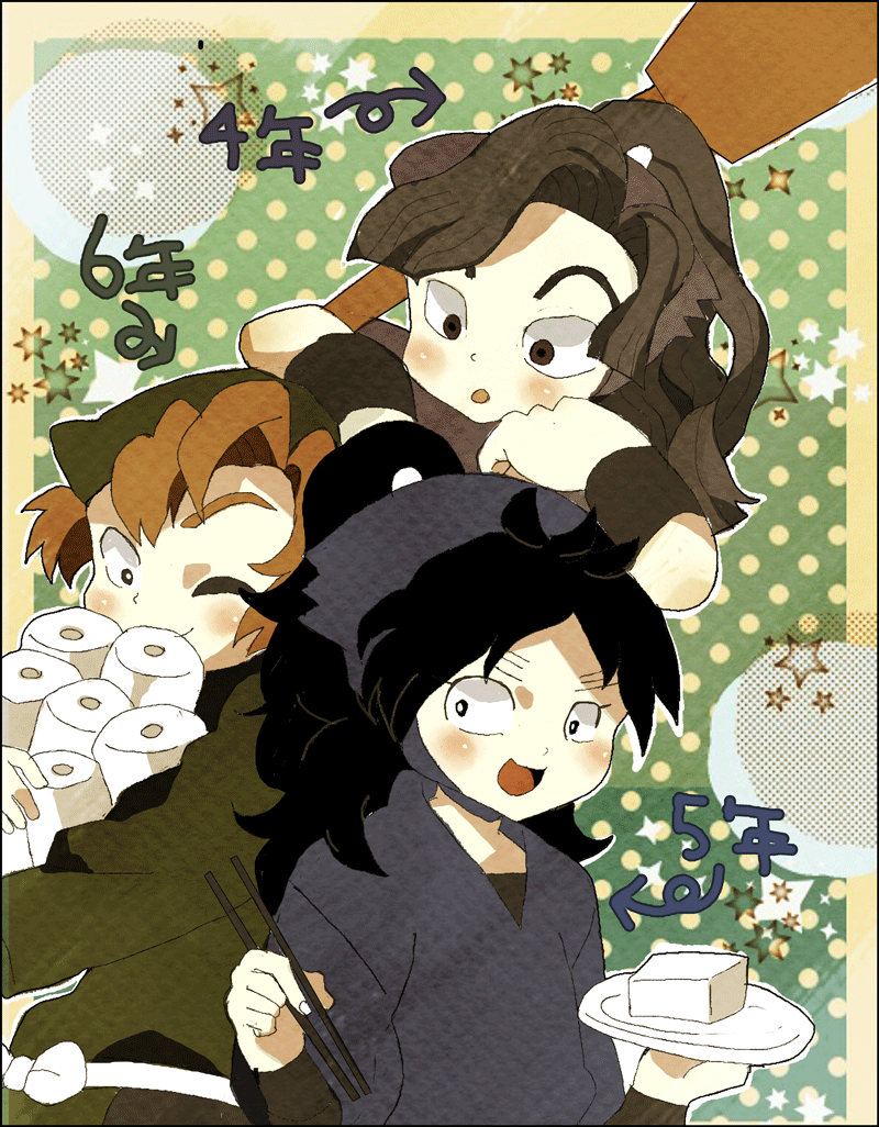 3boys, ayabe_kihachirou, black_hair, brown_hair, chopsticks, kukuchi_heisuke, long_hair, male