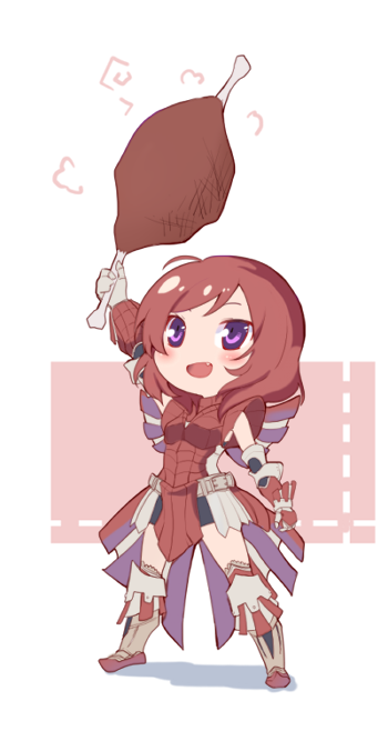 1girl, agnaktor_(armor), boned_meat, boots, chibi, fang, food, gauntlets