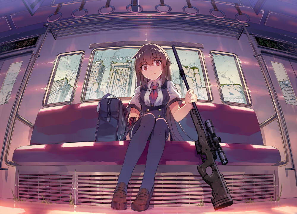 1girl, ai_arctic_warfare, artificial_arm, bag, bolt_action, brown_hair, cityscape, cyborg, fisheye, glass_crack, gun, long_hair, looking_at_viewer, md5_mismatch, moss, original, prosthesis, red_eyes, revision, rifle, school_uniform, sitting, sniper_rifle, solo, thigh-highs, train, train_interior, weapon, wire, yasumo_(kuusouorbital)