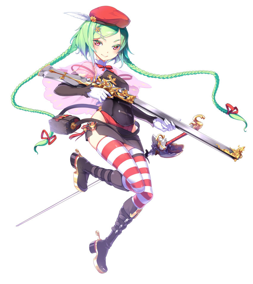 1girl, aoi_tsunami, beret, boots, braid, capelet, detached_sleeves, feathers