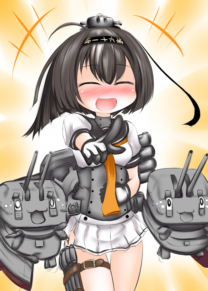 1girl, :d, ^_^, akizuki_(kantai_collection), black_hair, blush, chou-10cm-hou-chan, closed_eyes