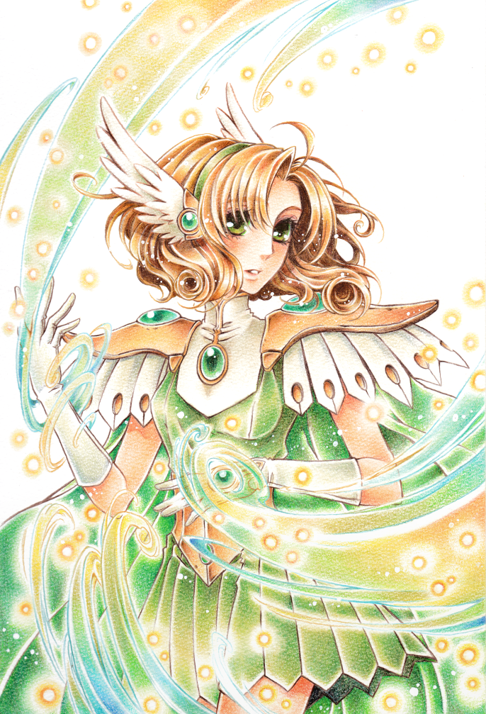 1girl, armor, blonde_hair, colored_pencil_(medium), cowboy_shot, elbow_gloves, gem, gloves