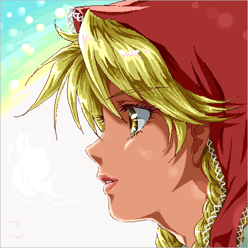 1girl, blonde_hair, cordelia_(saga), face, head_scarf, kai_(lisalisa1983), lowres, oekaki