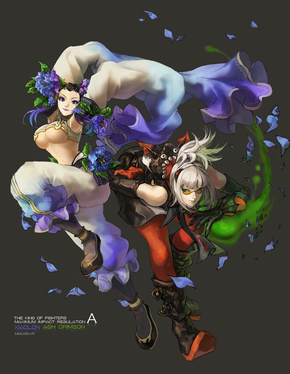 1boy, 1girl, alternate_costume, armpits, ash_crimson, baggy_pants, bent_over, black_hair