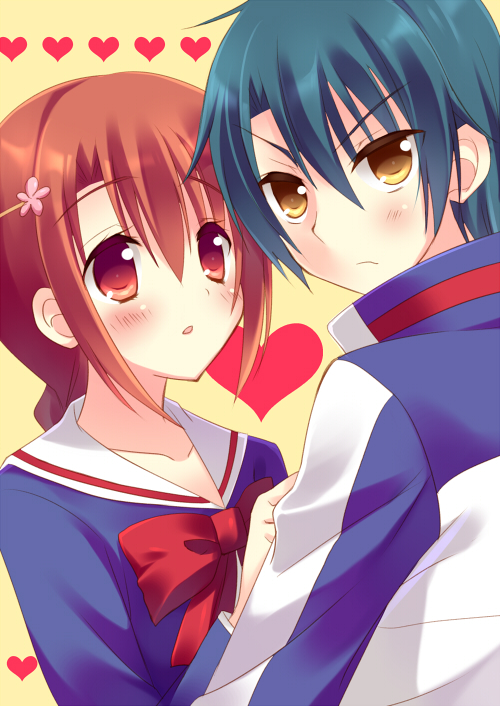 >:/, 1boy, 1girl, black_hair, brown_eyes, brown_hair, echizen_ryooma, hair_ornament