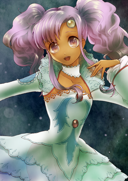 1girl, brooch, choker, dress, forehead_jewel, frills, jewelry, meredy, misoshiru_utoma, payot, purple_hair, short_hair, smile, solo, tales_of_(series), tales_of_eternia, tan, twintails, violet_eyes, white_dress