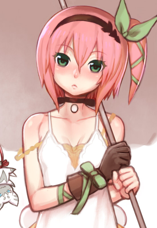 1girl, alternate_eye_color, alternate_hair_color, blush, choker, collarbone, doll, edna_(tales), expressionless, folks_(nabokof), green_eyes, hairband, mormo, pink_hair, short_hair, side_ponytail, single_glove, solo, tales_of_(series), tales_of_the_world_radiant_mythology, tales_of_zestiria, umbrella