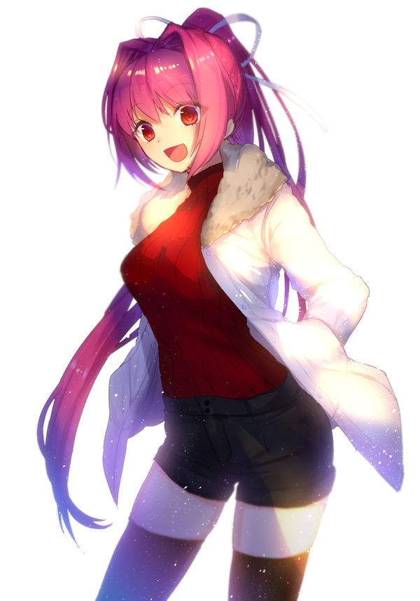 1girl, arms_behind_back, coat, hair_ribbon, kneehighs, looking_at_viewer, ponytail, purple_hair