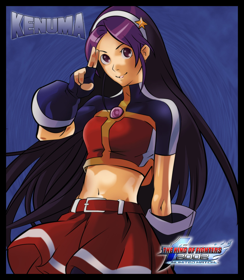 1girl, absurdres, andres_maldonado, artist_name, asamiya_athena, bangs, belt, breasts, fingerless_gloves, gloves, hair_ornament, hairband, halter_top, halterneck, highres, king_of_fighters, king_of_fighters_2002, long_hair, midriff, parted_bangs, purple_hair, salute, skirt, solo, star_hair_ornament, very_long_hair, violet_eyes