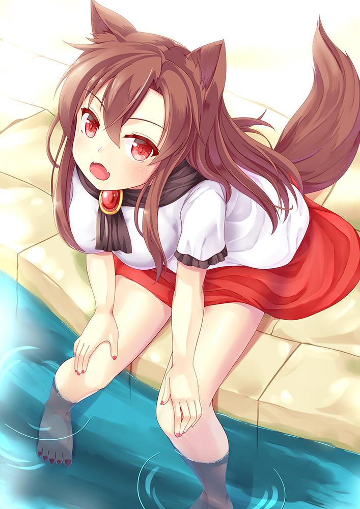 1girl, animal_ears, ascot, barefoot, blush, brown_hair, dress, fangs, imaizumi_kagerou, jewelry, long_hair, looking_at_viewer, nail_polish, niiya, open_mouth, partially_submerged, red_eyes, short_sleeves, sittng, smile, solo, tail, touhou, water, wolf_ears, wolf_tail