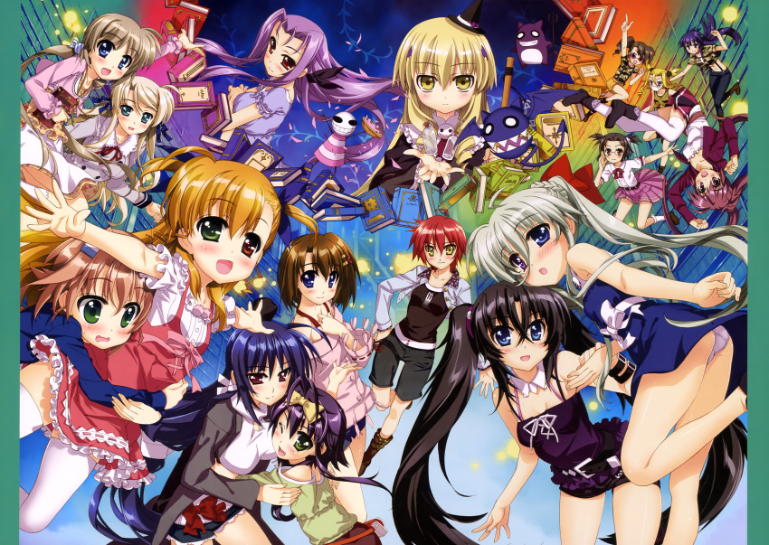 6+girls, :d, :o, absurdres, annotation_request, ass, belt, black_hair