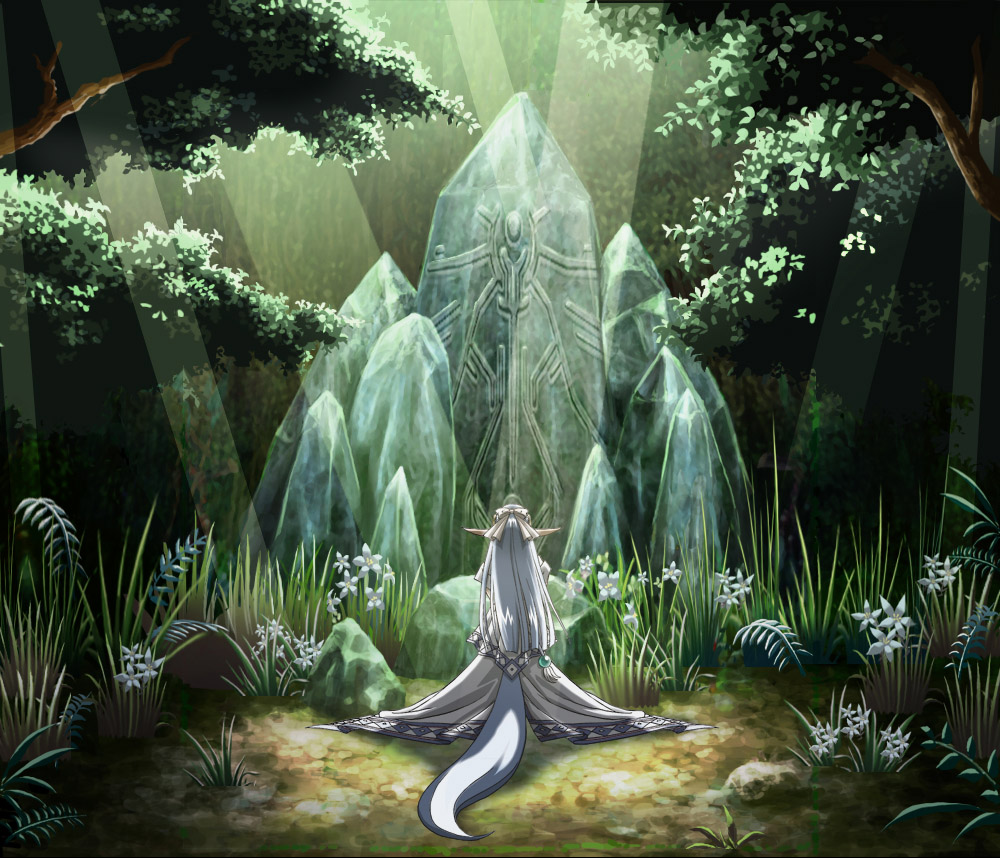 1girl, blue_hair, hair_ribbon, kneeling, long_hair, olha_(ys), pointy_ears, ribbon, tail, ys, ys_vi