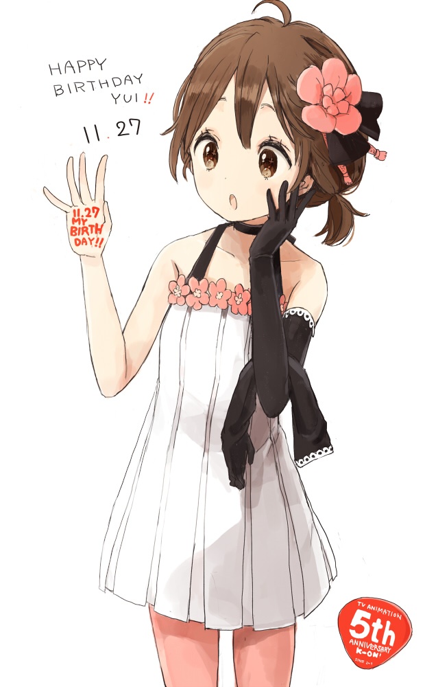 1girl, black_gloves, brown_eyes, brown_hair, dress, elbow_gloves, flower, gloves