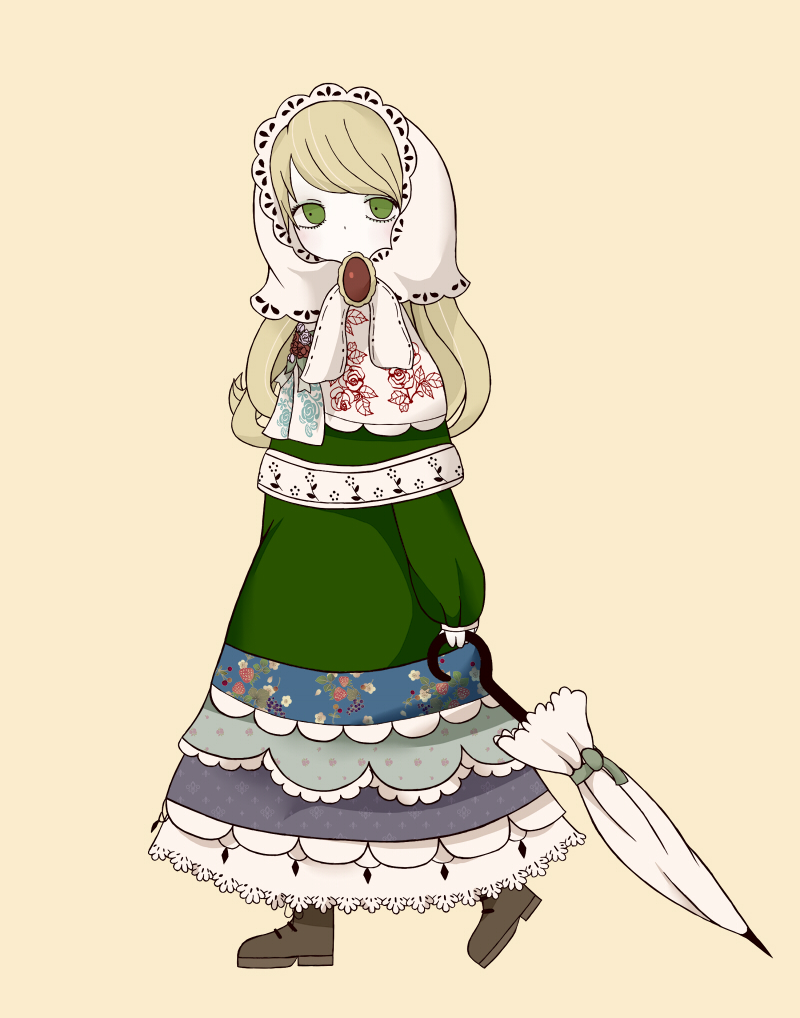 1girl, blonde_hair, boots, brooch, capelet, green_eyes, ikyuu, jewelry