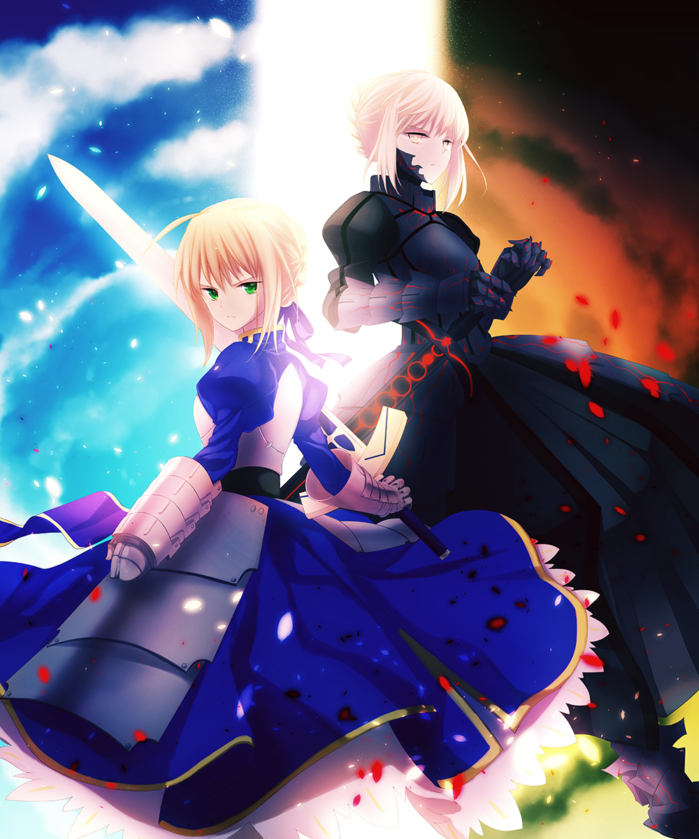 2girls, armor, armored_dress, blonde_hair, dark_excalibur, dress, dual_persona, excalibur, fate/stay_night, fate_(series), faulds, glowing, glowing_sword, glowing_weapon, green_eyes, highres, isozi, multiple_girls, saber, saber_alter, sky, weapon, yellow_eyes