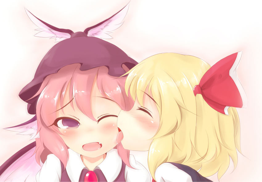2girls, ayatori_(aytr), bird_ear, bird_wings, blonde_hair, blush, bow, cheek_licking