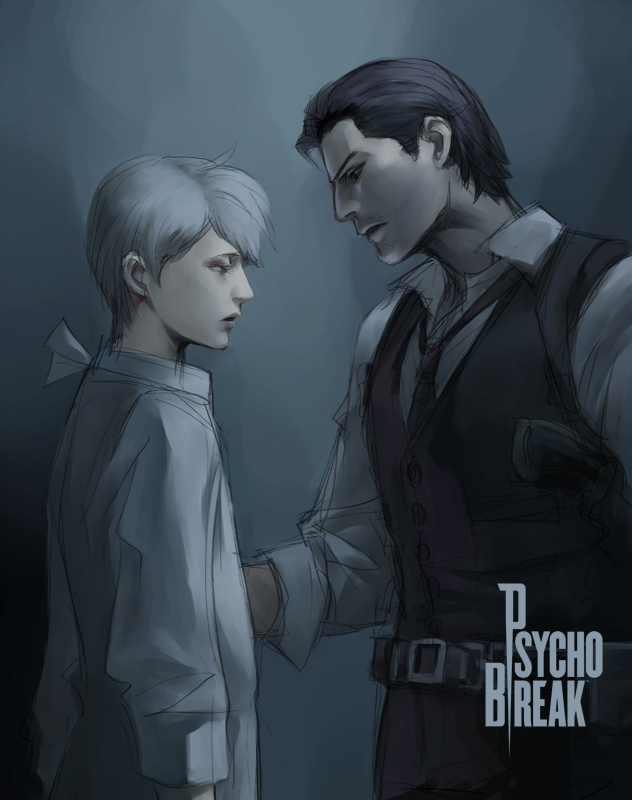 2boys, black_hair, leslie_withers, multiple_boys, sketch, the_evil_within, vest, waistcoat