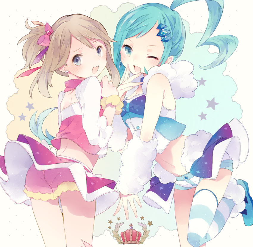 2girls, aqua_eyes, aqua_hair, arm_warmers, asymmetrical_hair, blue_eyes, blush, bow, brown_hair, choker, earrings, fur_collar, hair_bow, hair_ornament, hair_ribbon, hairclip, hand_to_own_mouth, haruka_(pokemon), haruka_(pokemon)_(contest), haruka_(pokemon)_(remake), idol, jewelry, leg_up, long_hair, looking_at_viewer, lucia_(pokemon), midriff, multiple_girls, navel, one_eye_closed, open_mouth, payot, petitbisou, pokemon, pokemon_(game), pokemon_oras, ribbon, shorts, showgirl_skirt, side_ponytail, single_thighhigh, star, thigh-highs, two_side_up, wavy_mouth