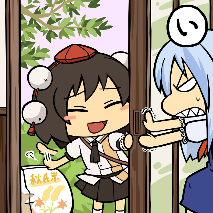 2girls, ^_^, bag, black_hair, blush_stickers, chibi, closed_eyes, fertilizer