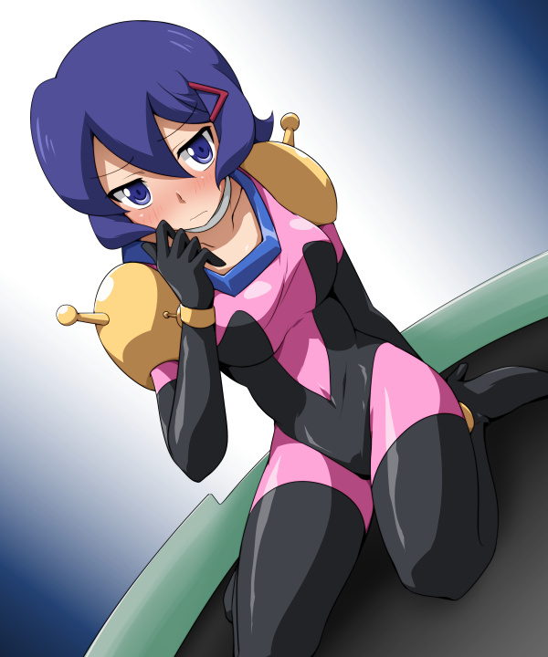 1girl, bioroid_hei, blue_eyes, blue_hair, blush, covered_navel, g_gundam, gundam