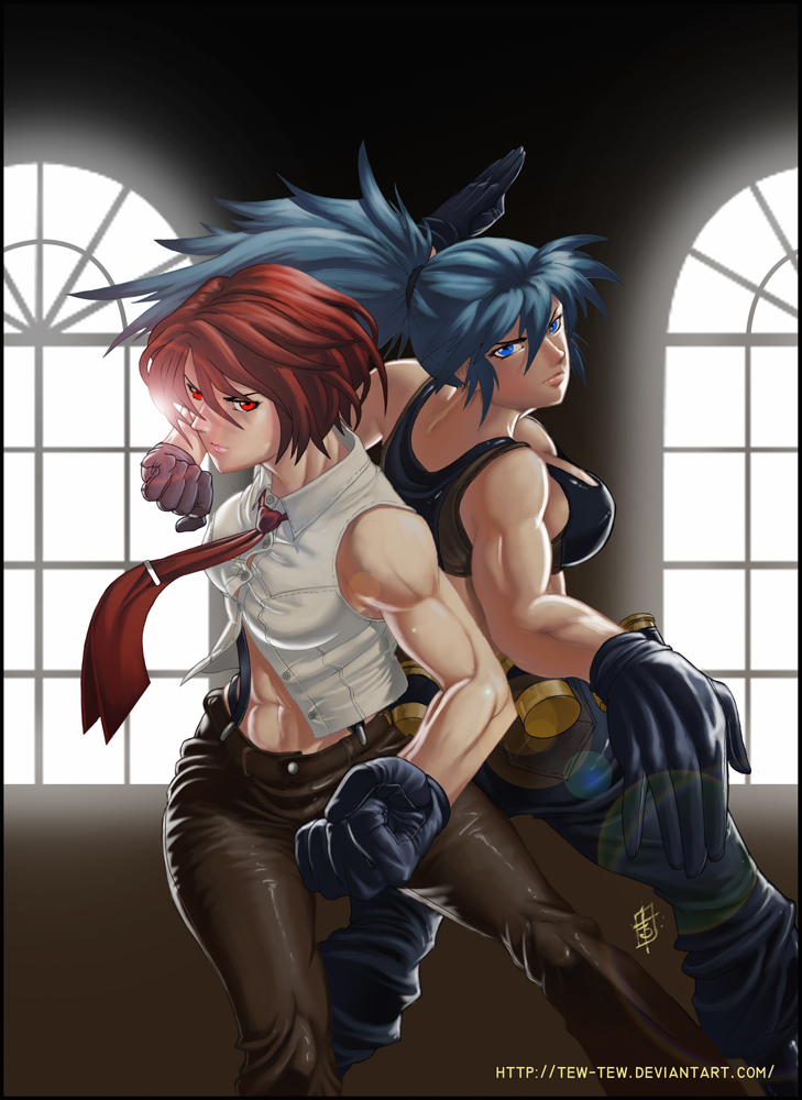 2girls, abs, back-to-back, bare_shoulders, black_gloves, blue_eyes, blue_hair, breasts