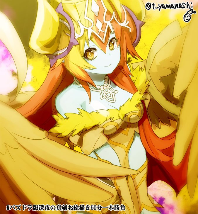 1girl, bare_shoulders, blonde_hair, blue_skin, breasts, cleavage, collarbone, demon_girl