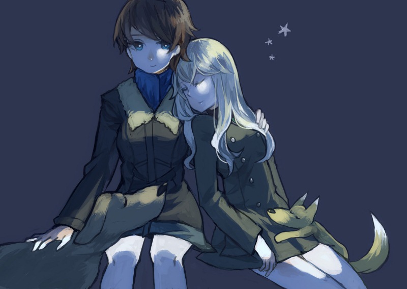 2girls, animal, blonde_hair, blue_background, blue_eyes, bomber_jacket, brown_hair, fox