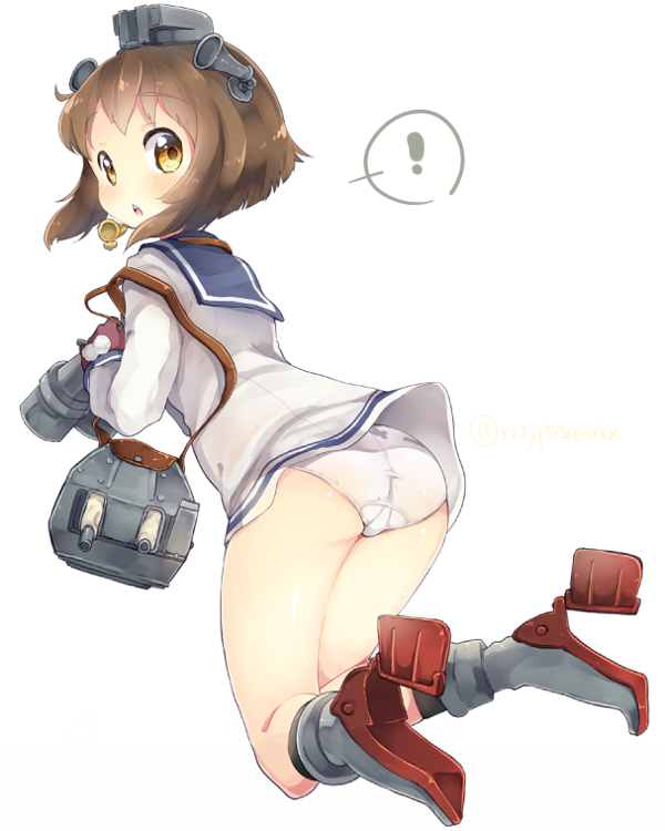 !, 1girl, binoculars, blush, brown_hair, chestnut_mouth, from_behind, headgear