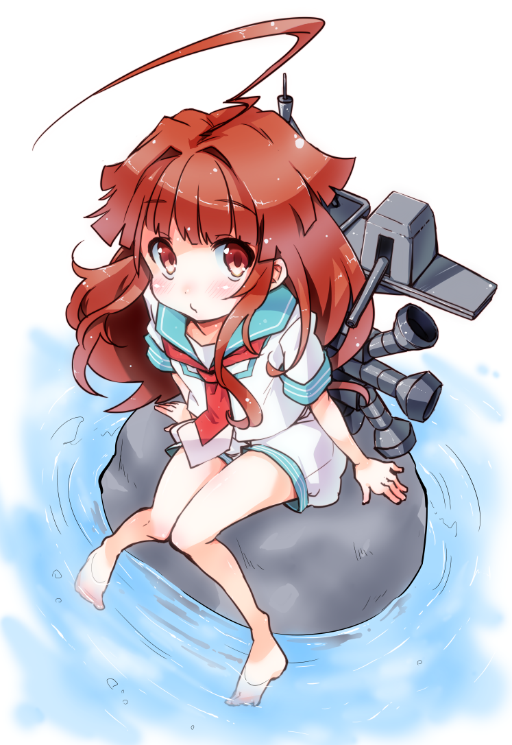 1girl, ahoge, bare_legs, barefoot, blush, brown_eyes, brown_hair, huge_ahoge