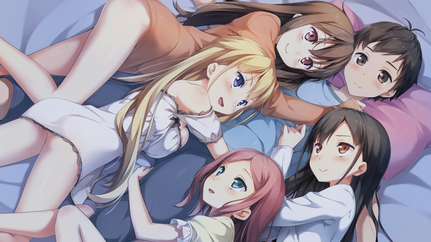 1boy, 4girls, :d, alice_third_macy, alternate_hairstyle, black_hair, blonde_hair, blue_eyes