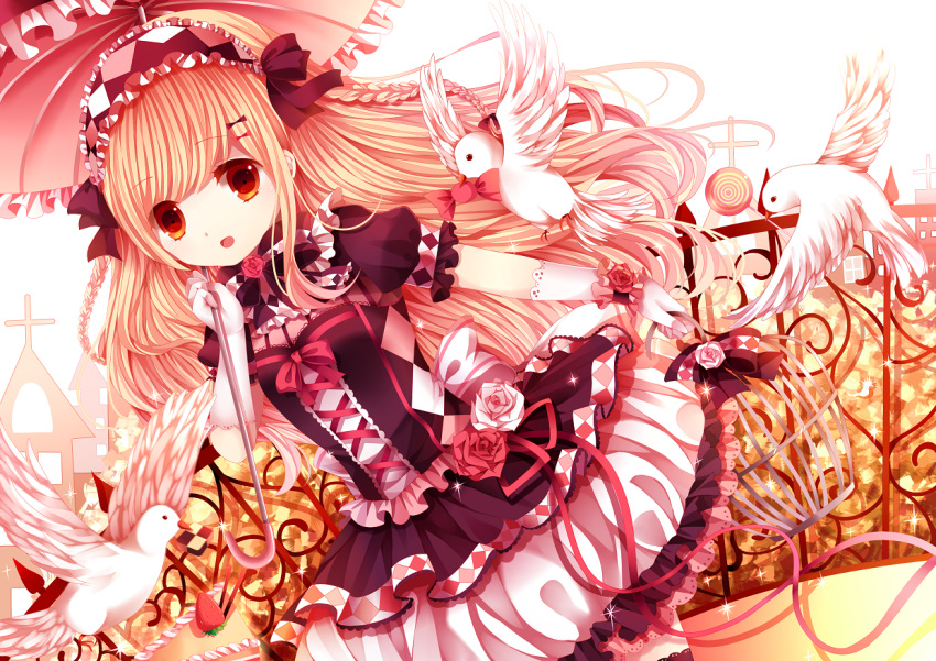 1girl, :d, bird, black_legwear, blonde_hair, cake, candy, dress, food, frilled_dress, frills, hair_ornament, hairband, hairclip, holding, lolita_fashion, lolita_hairband, lollipop, long_hair, looking_at_viewer, moseley, open_mouth, original, parasol, pigeon, smile, solo, thigh-highs, umbrella, yellow_eyes, zettai_ryouiki