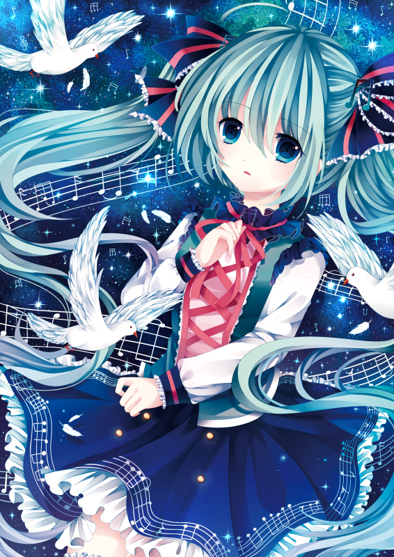 1girl, bird, blue_eyes, blue_hair, bow, hair_bow, hair_ribbon, hatsune_miku, long_hair, looking_at_viewer, moseley, parted_lips, pigeon, ribbon, solo, twintails, very_long_hair, vocaloid
