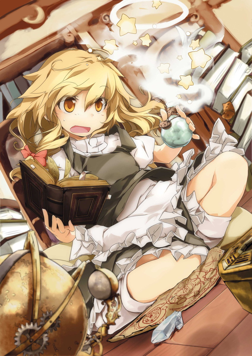 1girl, absurdres, ayuya_naka_no_hito, blonde_hair, book, bookshelf, bow, chemicals