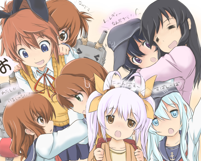 >:o, 6+girls, :d, :o, =_=, akatsuki_(kantai_collection), black_hair, blue_eyes