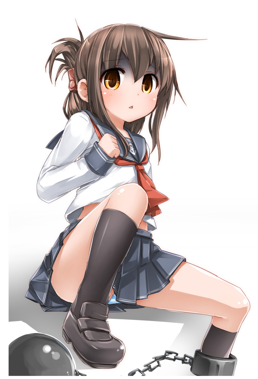 1girl, ball_and_chain, black_legwear, brown_eyes, brown_hair, cuffs, folded_ponytail, highres